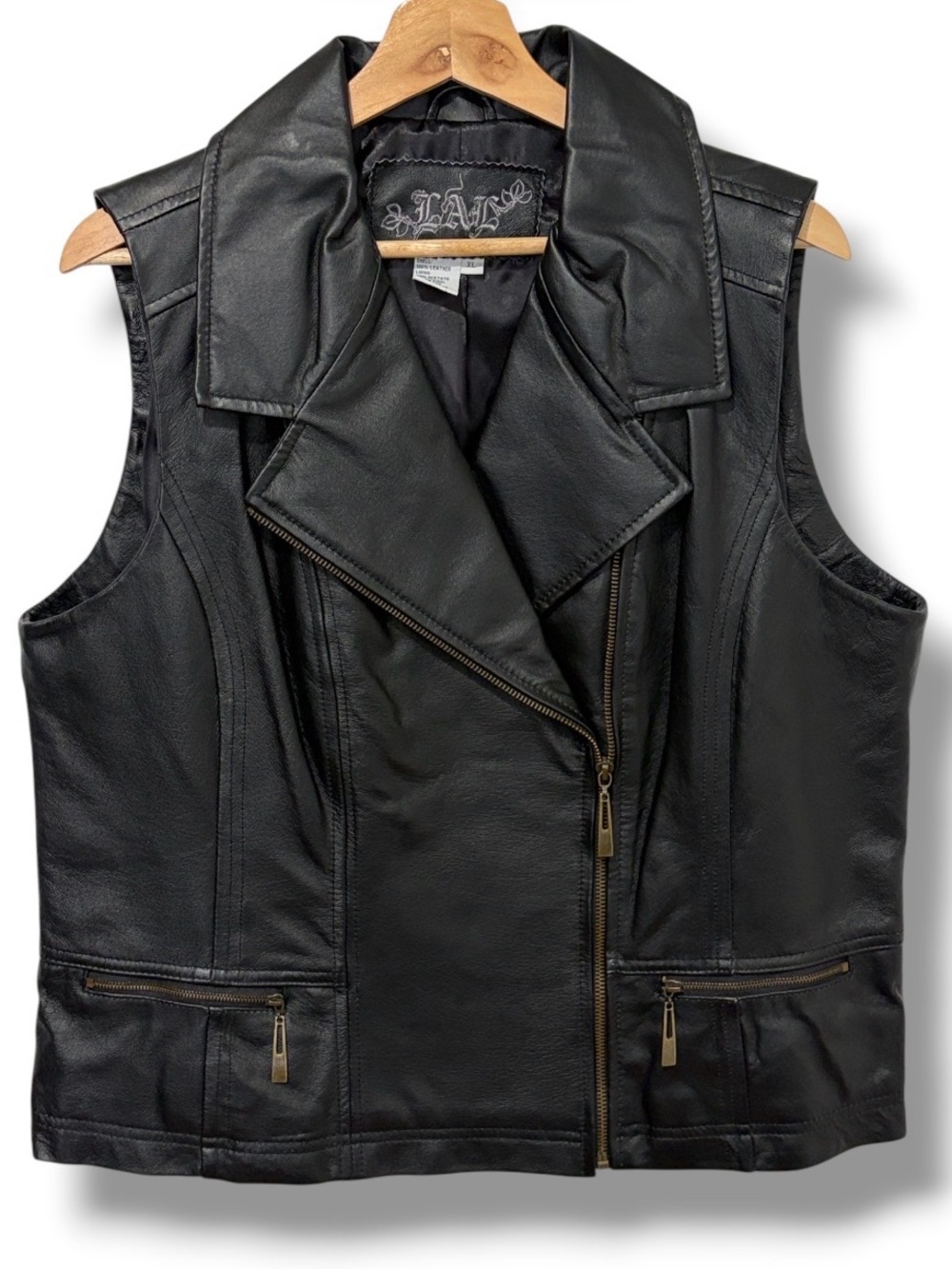 Black Leather Vest Women's Size XL Black Asymmetrical Zipper Biker Chic Moto LAL